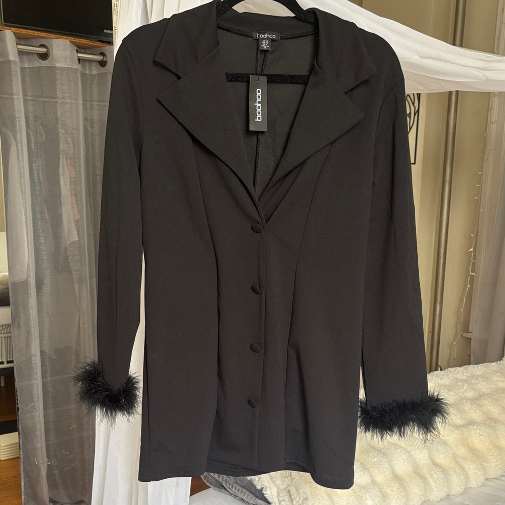 Boohoo Black Blazer with Feather Cuffs